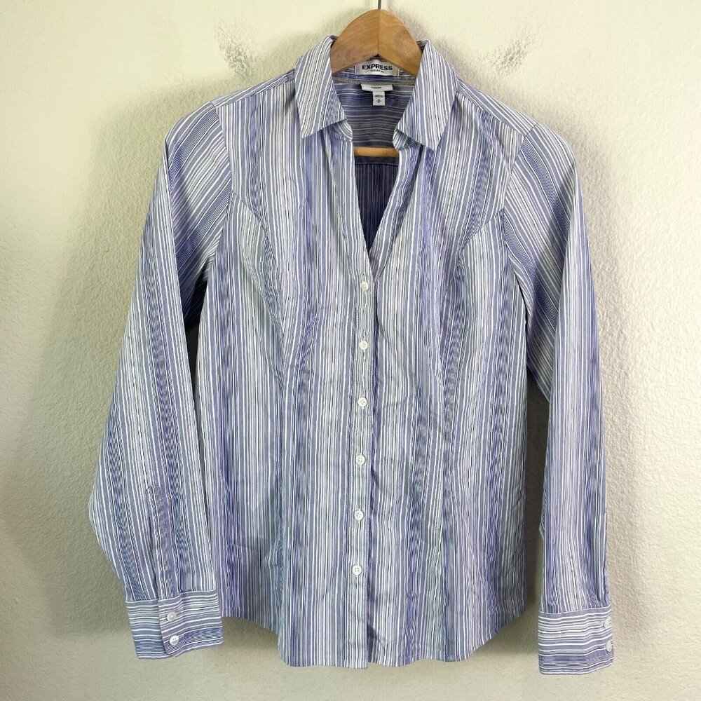 Express essential Original Womens Small Blue Striped Button Up Shirt Top Blouse
